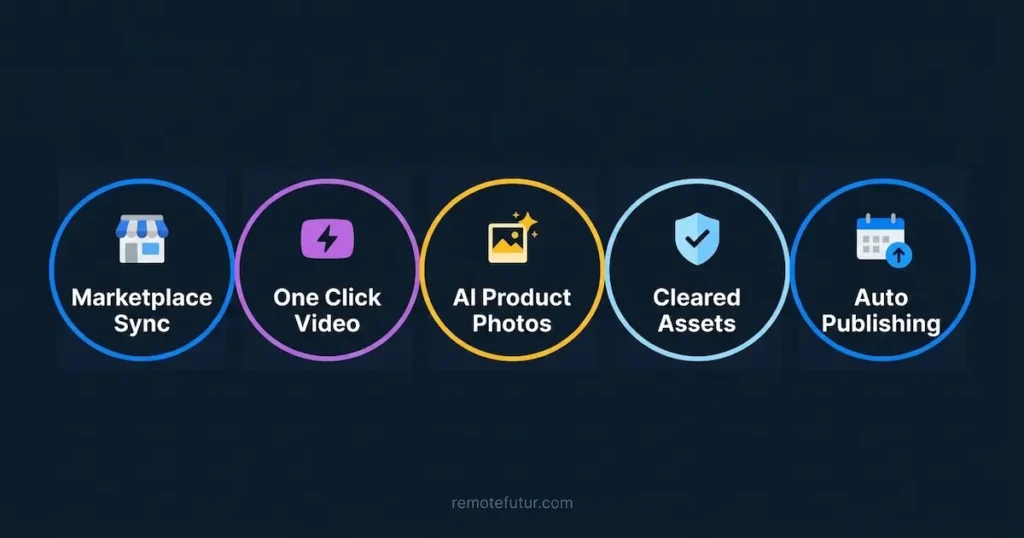 Five key features of the Pippit AI video generator including one click video and auto publishing