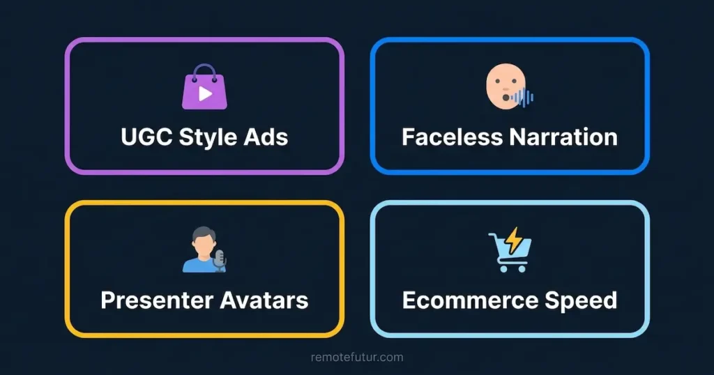 Four use cases for AI video generator tools including UGC ads and ecommerce speed